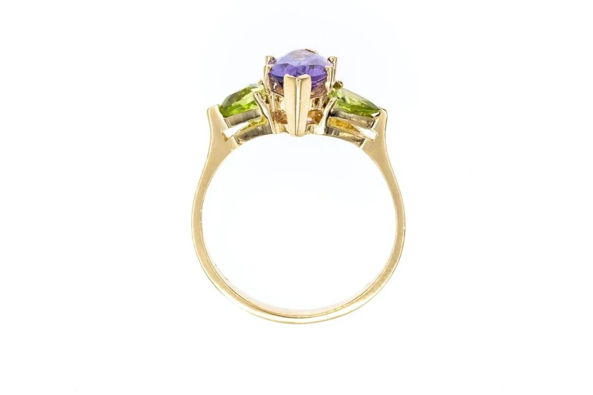 (F)Yellow Gold Peridot Amethyst Three Stone Gemstone Ring