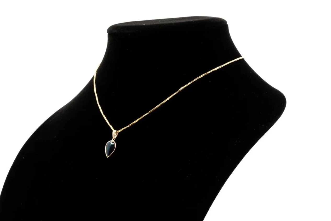 (S)Yellow Gold Solitaire Ethiopian Treated Black Hydrophane Opal Drop Dangle Pendant