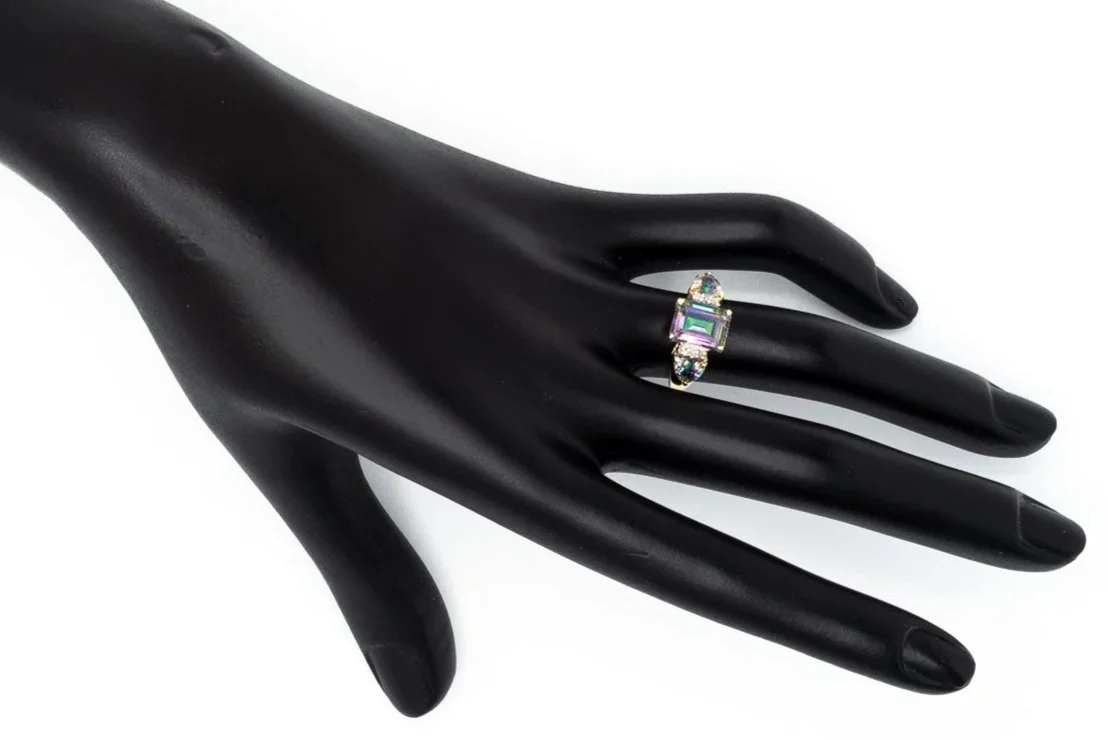 (H)Yellow Gold Diamond Mystic Topaz Gemstone Ring