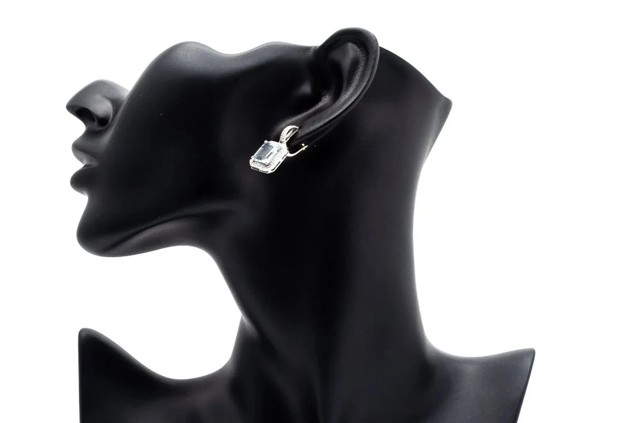 (S)White Gold Diamond Aquamarine Drop Dangle Lever Back Stud Earrings