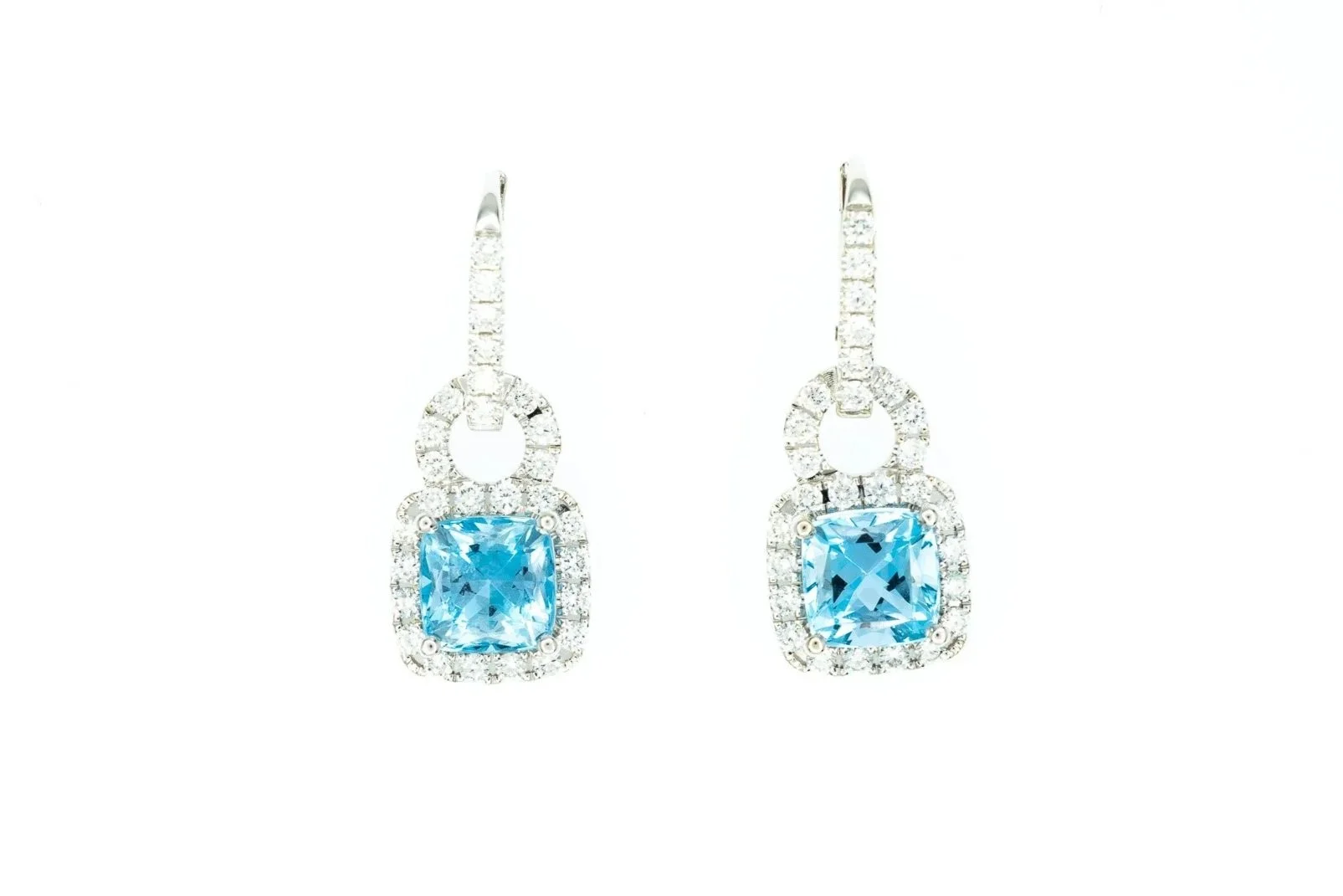 (T)White Gold Diamond Aquamarine Drop Dangle Lever Back Simon G Stud Earrings