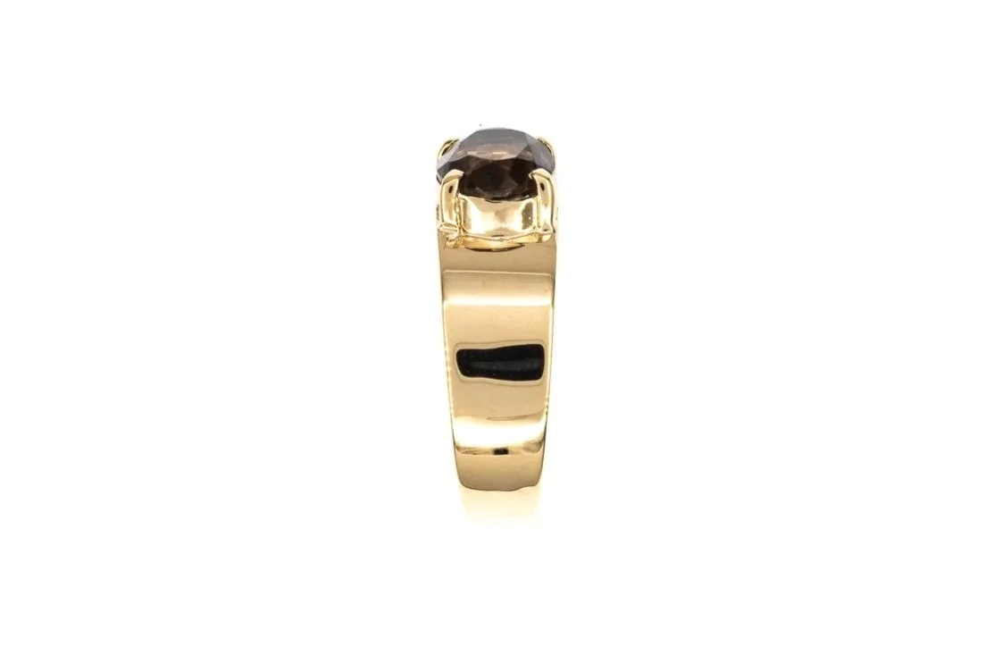 (S)Yellow Gold Solitaire Smoky Quartz Gemstone Ring