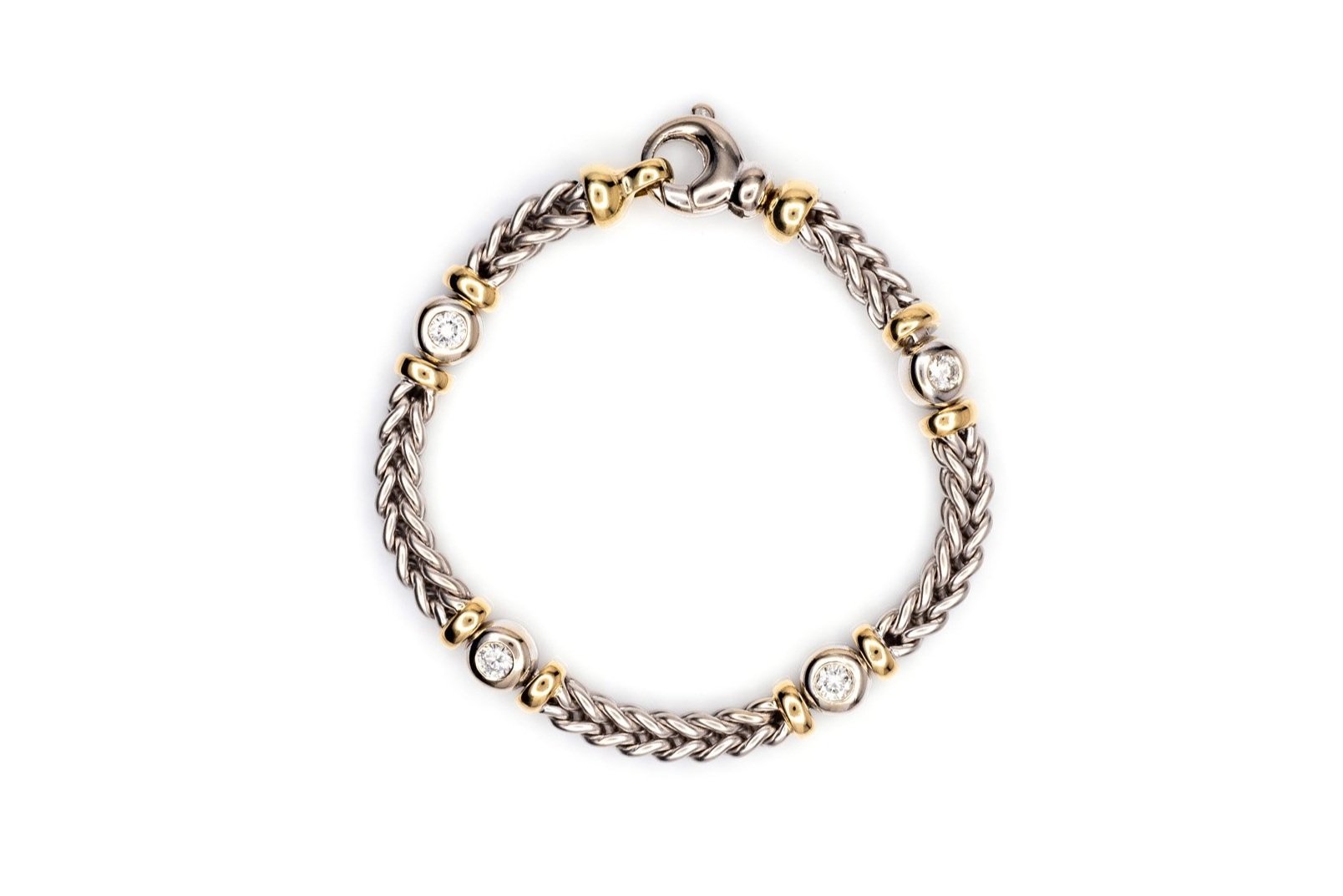 (T)White Yellow Gold Round Brilliant Cut Fancy Link Bracelet