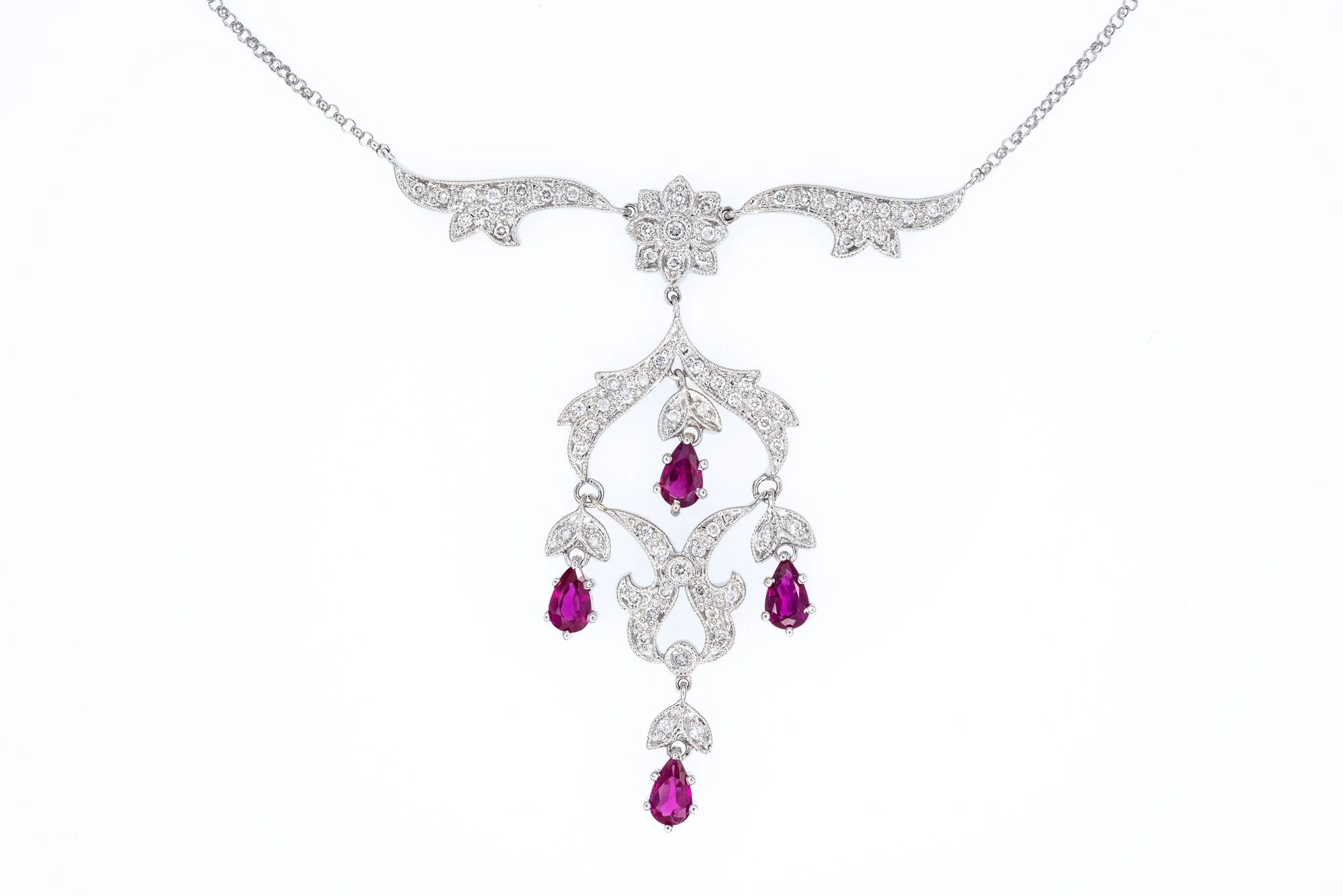 (T)White Gold Round Brilliant Cut Diamond Ruby Fancy Necklace