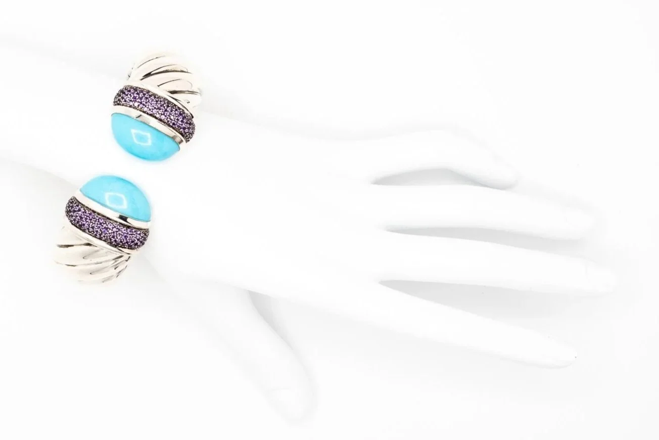 (H)Sterling Silver Amethyst Turquoise Hinged Cuff Bracelet