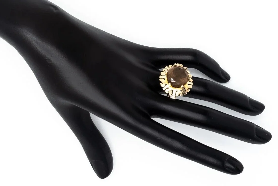 (H)Yellow Gold Solitaire Smoky Quartz Gemstone Ring