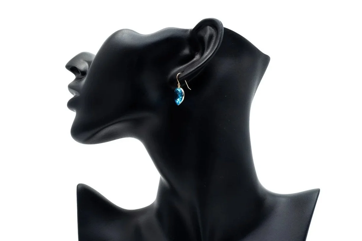 (S)Yellow Gold Solitaire Blue Topaz Drop Dangle Shepherd Hook Earrings