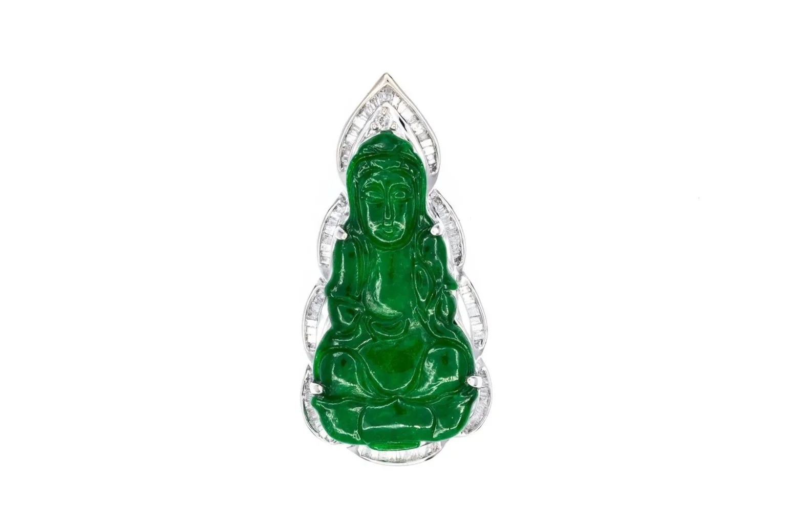 (T)White Gold Baguette Cut Jade Buddha Slider Pendant