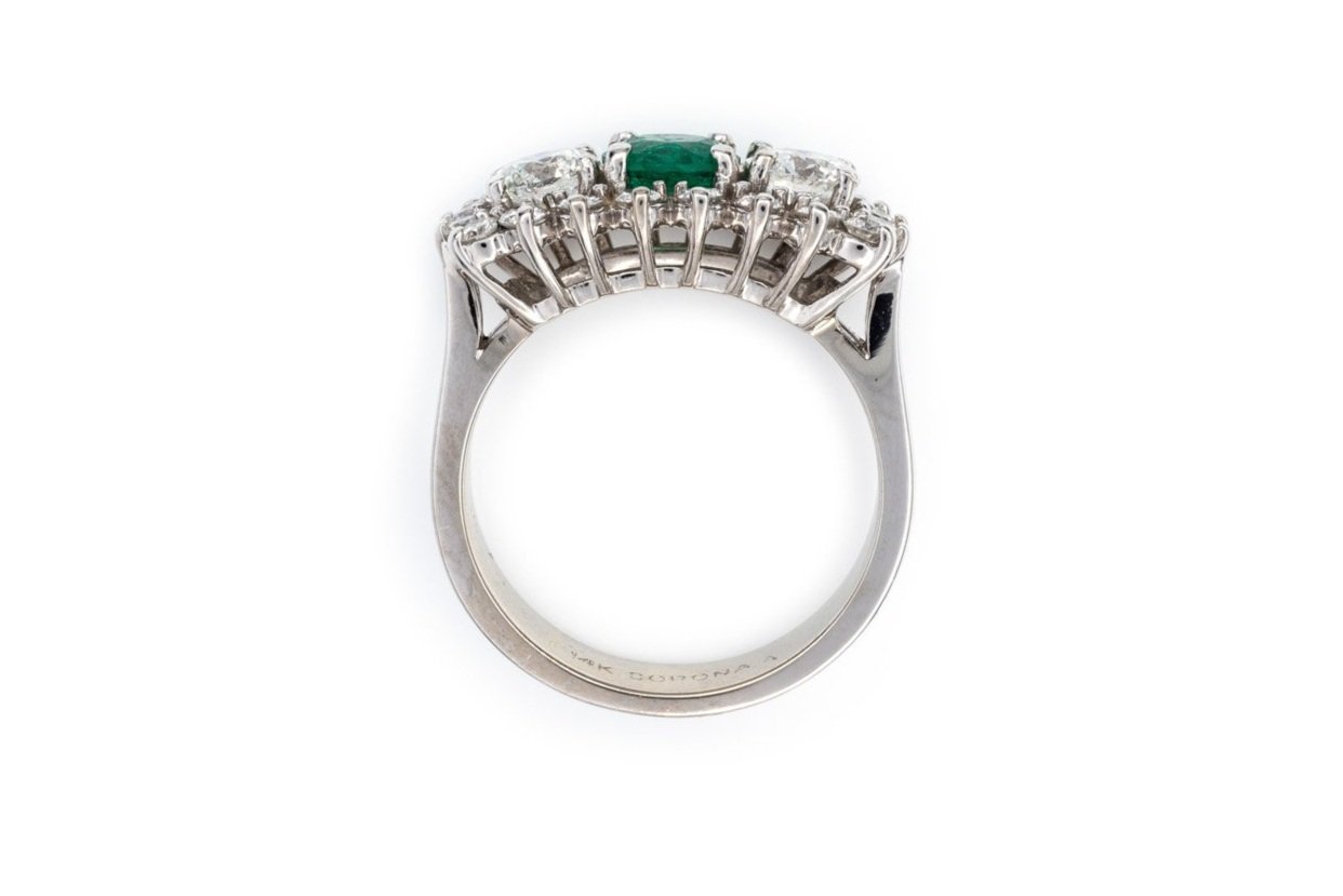(F)White Gold Diamond Emerald Gemstone Ring