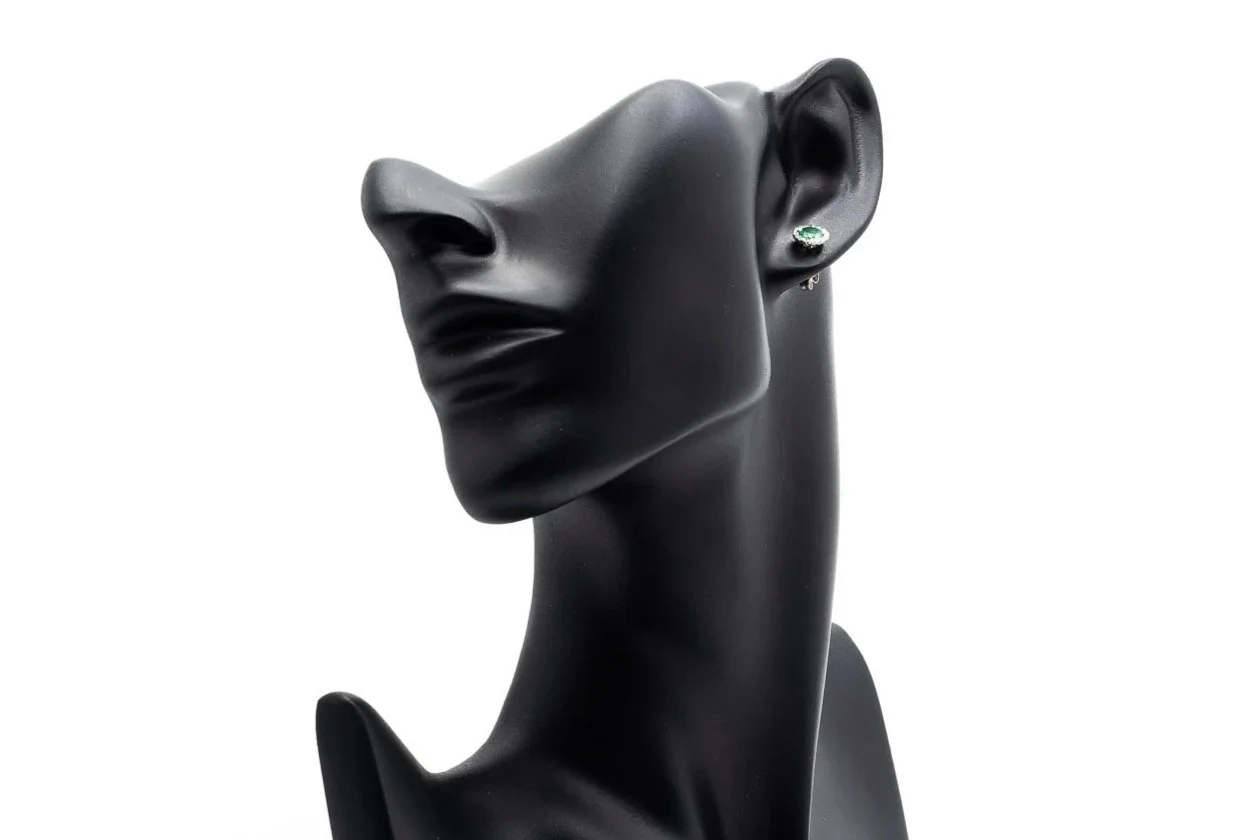 (F)White Gold Diamond Emerald Halo Stud Earrings