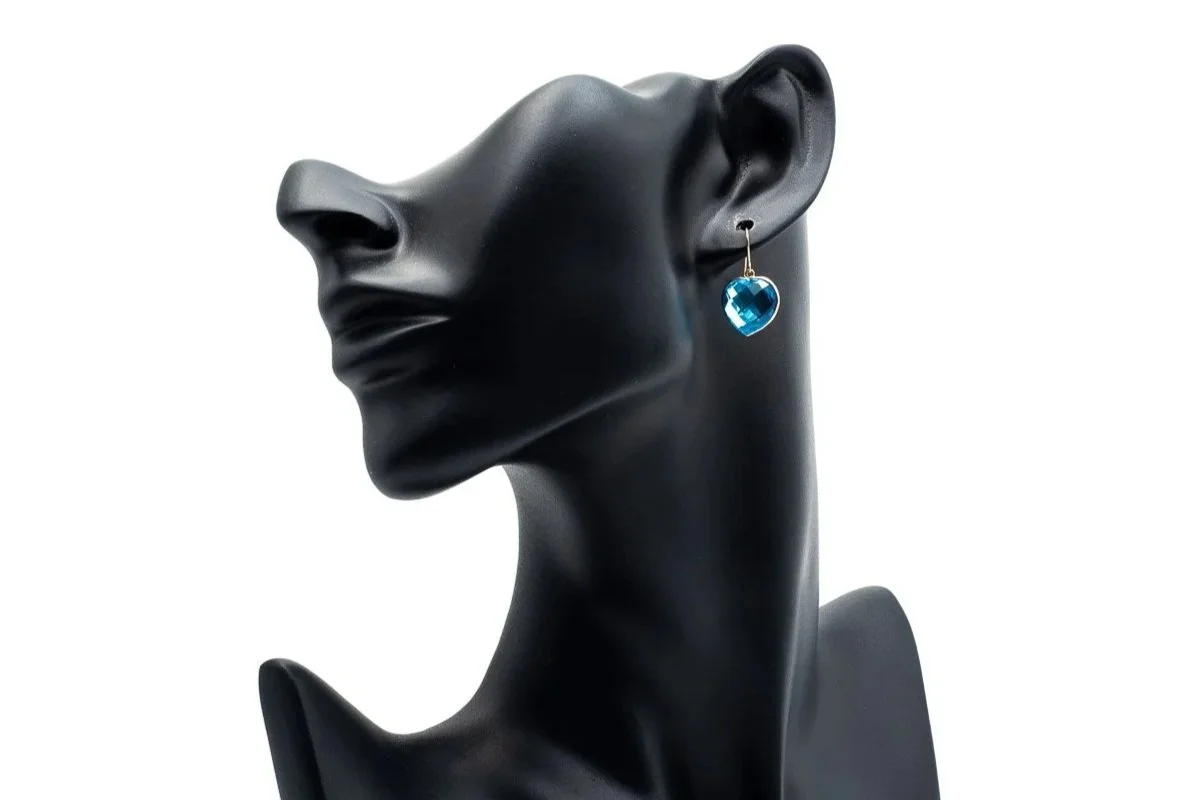 (F)Yellow Gold Solitaire Blue Topaz Drop Dangle Shepherd Hook Earrings