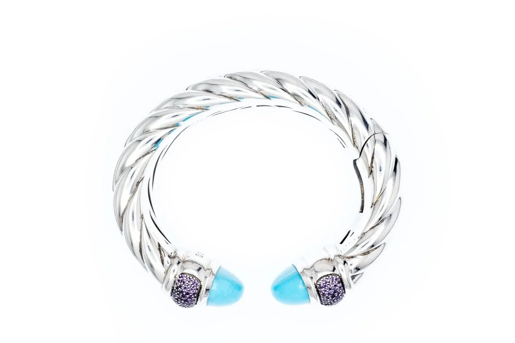 (T)Sterling Silver Amethyst Turquoise Hinged Cuff Bracelet