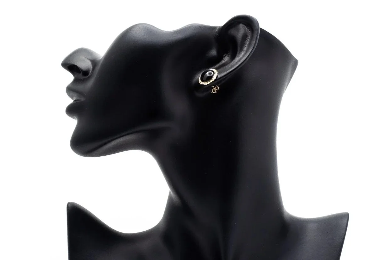 (S)Yellow Gold Diamond Black Onyx Stud Earrings