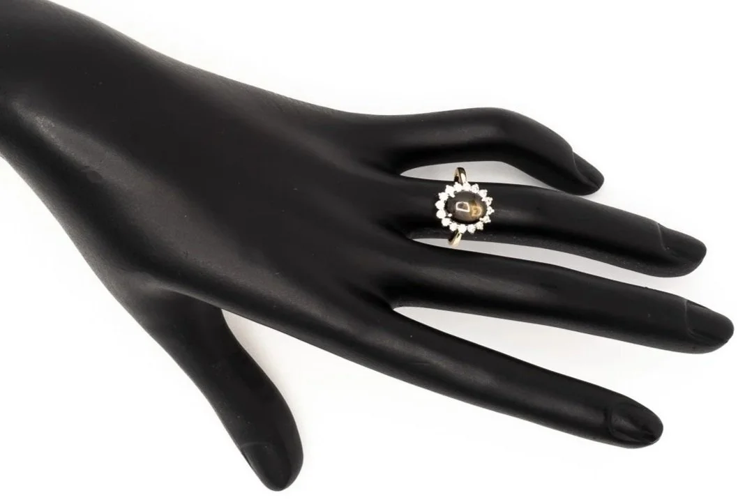 (H)Yellow White Gold Diamond Untreated Black Star Sapphire Gemstone Ring