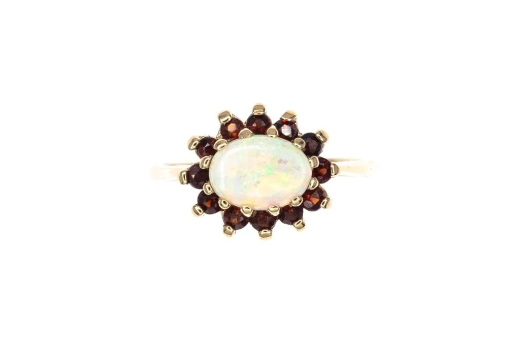(T)Yellow Gold Almandine Garnet White Opal Birks Gemstone Ring