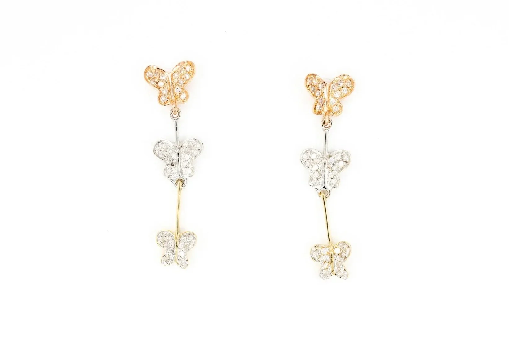 (T)White Yellow Rose Gold Diamond Drop Dangle Graduated Butterfly Motif Stud Earrings