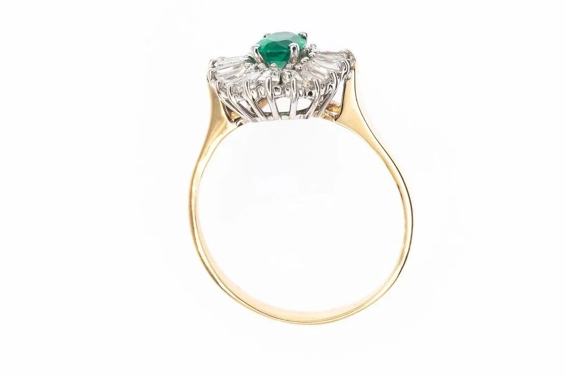 (H)Yellow White Gold Diamond Emerald Cluster Gemstone Ring