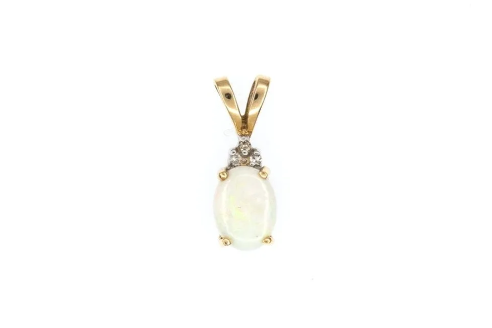 (T)Yellow Gold Diamond White Opal Drop Pendant