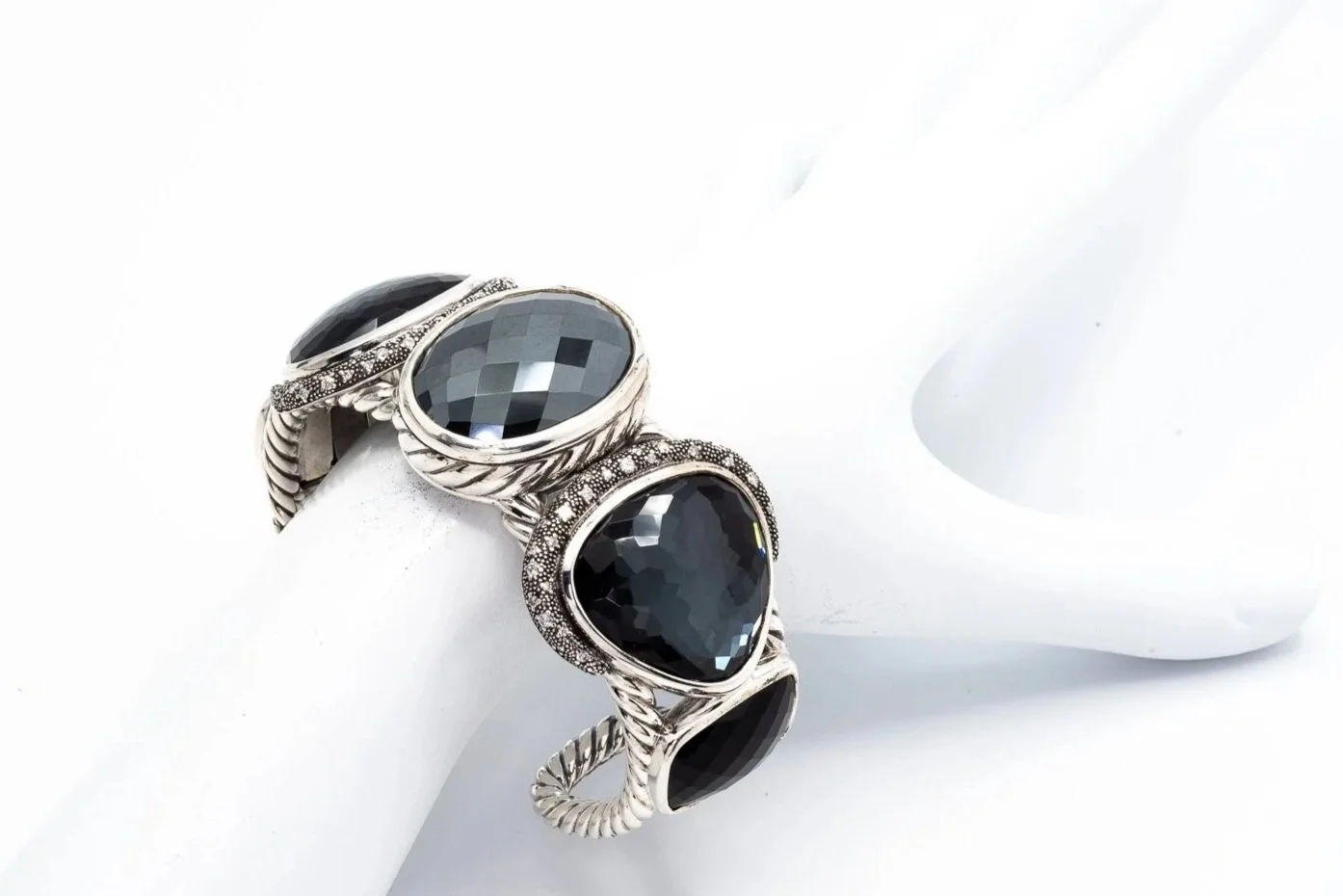 (W)Sterling Silver Stainless Steel Hematite Black Onyx Diamond Yurman Cuff Bracelet