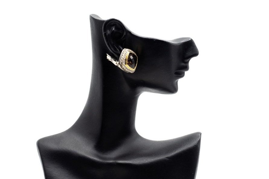 (S)Sterling Silver Yellow Gold Diamond Smoky Quartz Stud Earrings