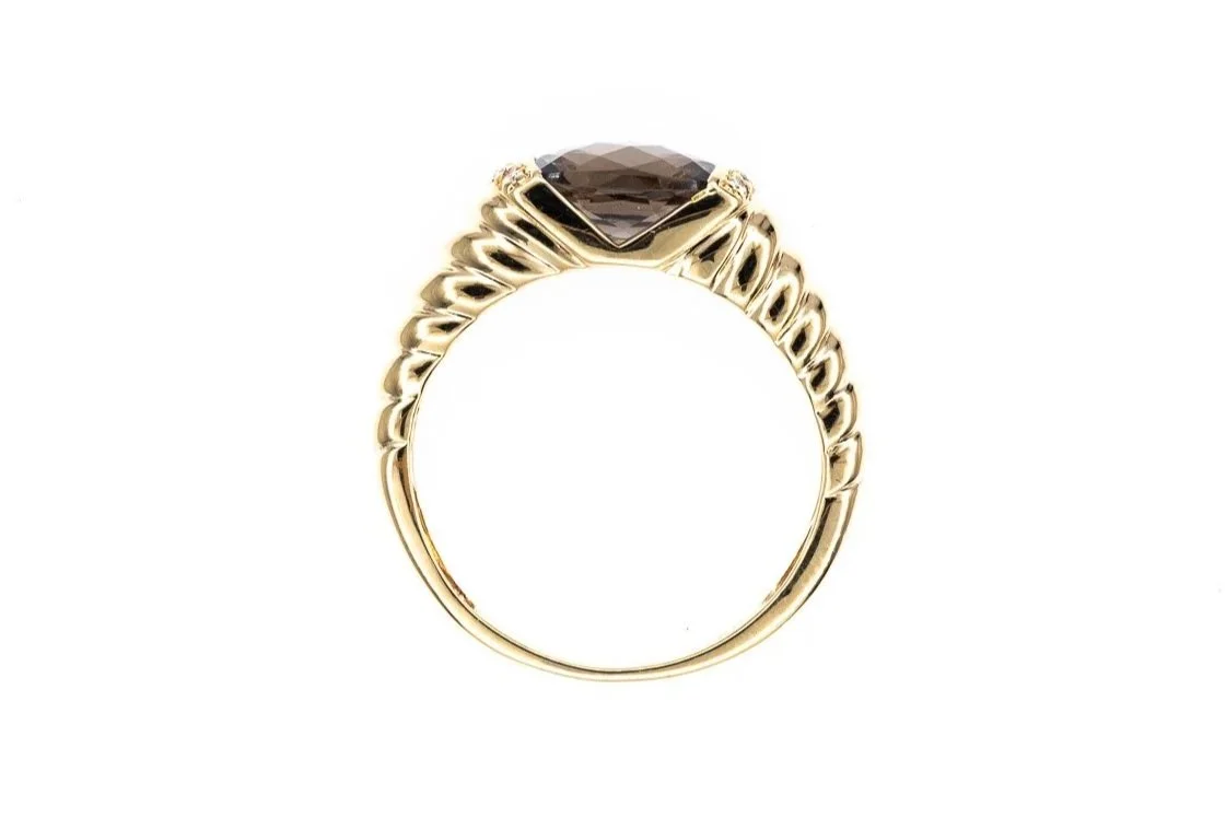 (F)Yellow Gold Diamond Smoky Quartz Gemstone Ring