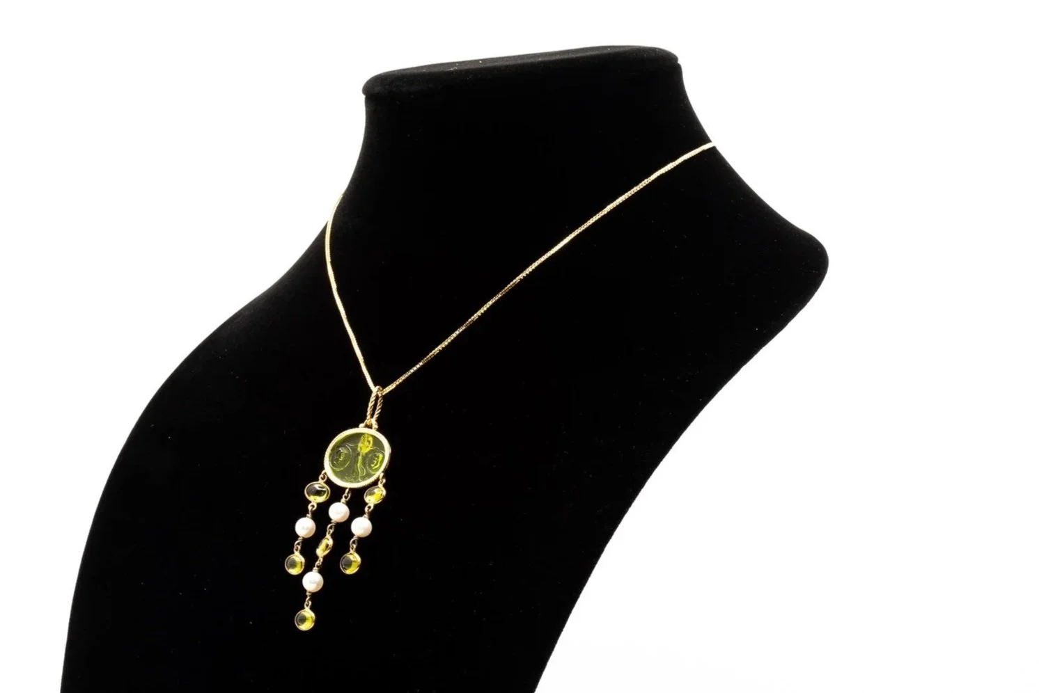 (S)Yellow Gold Freshwater Cultured Pearl Venetian Glass Cameo Peridot Drop Dangle Pendant