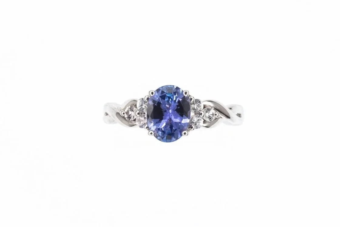 (T)White Gold White Sapphire Tanzanite Cluster Gemstone Ring