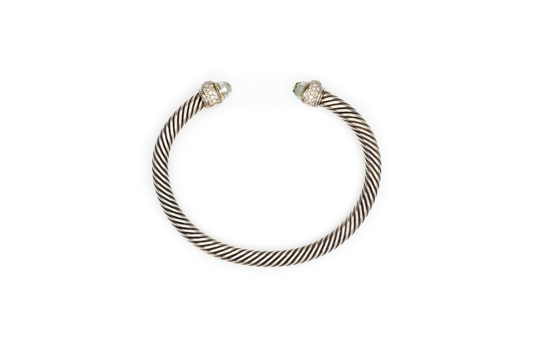 (T)Sterling Silver Diamond Prasiolite Quartz David Yurman Cuff Bracelet