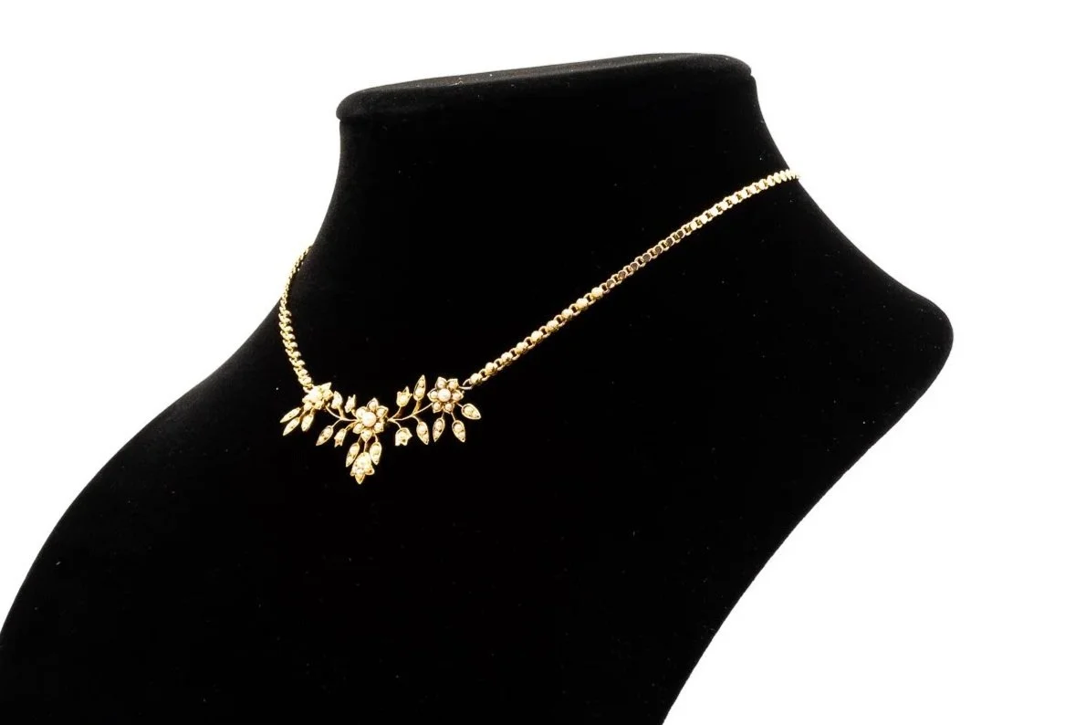 (S)Yellow Gold Seed Pearl Fancy Link Floral Carved Pendant