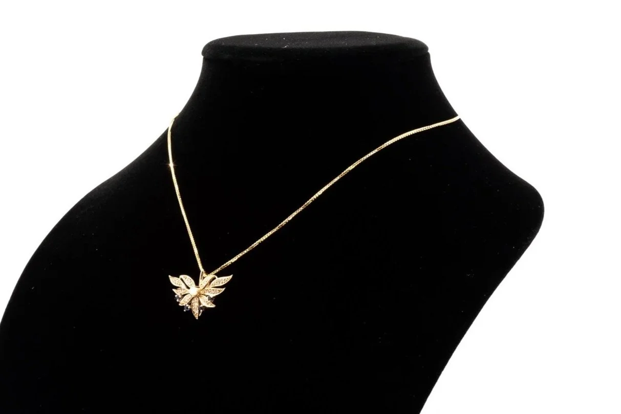 (S)Yellow Gold Diamond Sapphire Seed Pearl Floral Carved Pendant