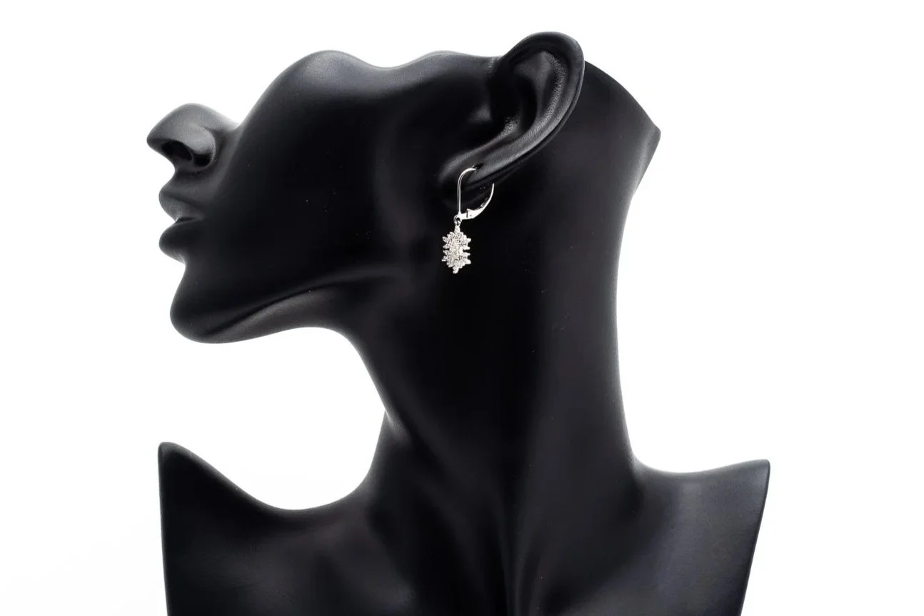 (S)White Gold Drop Dangle Lever Back Snowflake Motif Earrings