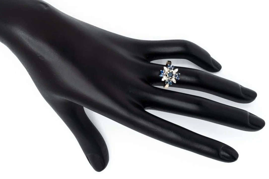 (H)Yellow White Gold Diamond Sapphire Gemstone Cluster Ring