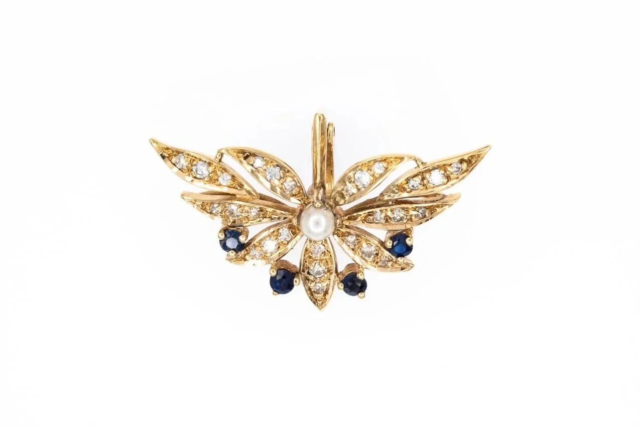 (T)Yellow Gold Diamond Sapphire Seed Pearl Floral Carved Pendant