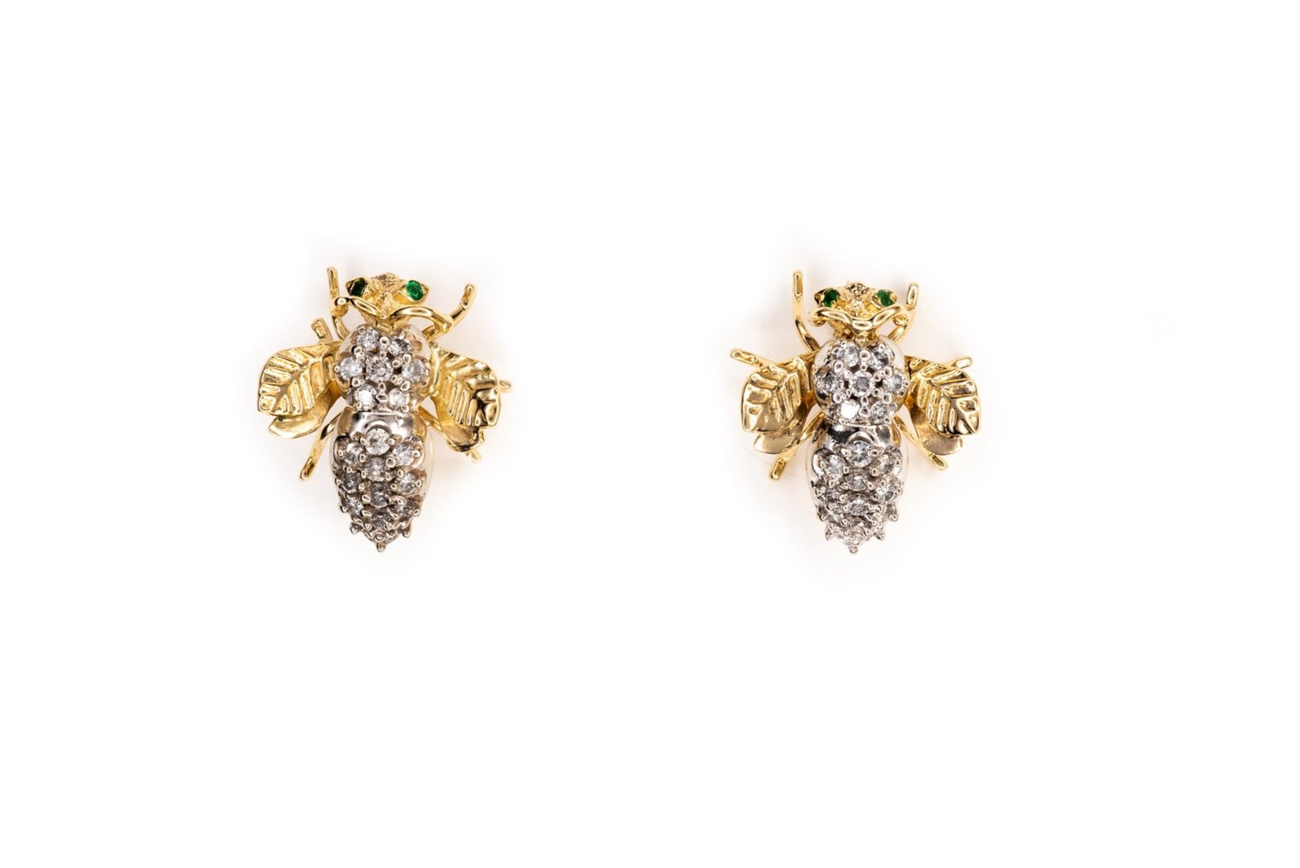 (T)Yellow White Gold Round Brilliant Cut Diamond Emerald Stud Earrings