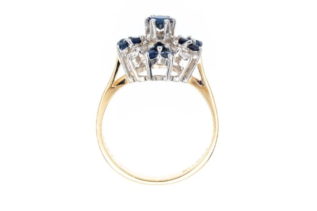 (F)Yellow White Gold Diamond Sapphire Gemstone Cluster Ring