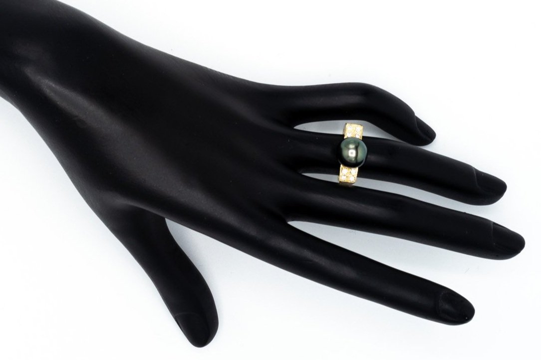(H)Yellow Gold Diamond Tahitian Cultured Pearl Gemstone Ring