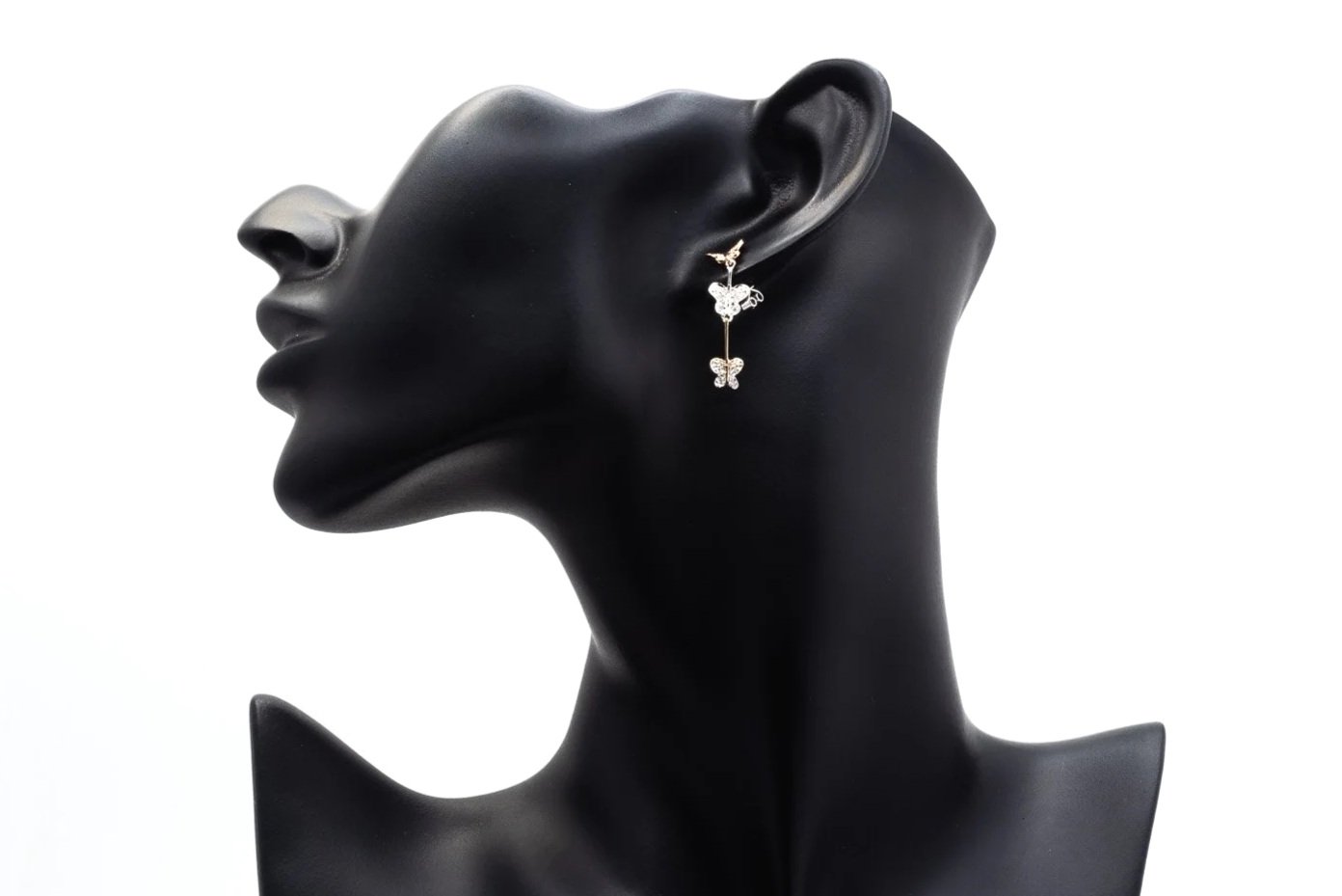 (S)White Yellow Rose Gold Diamond Drop Dangle Graduated Butterfly Motif Stud Earrings