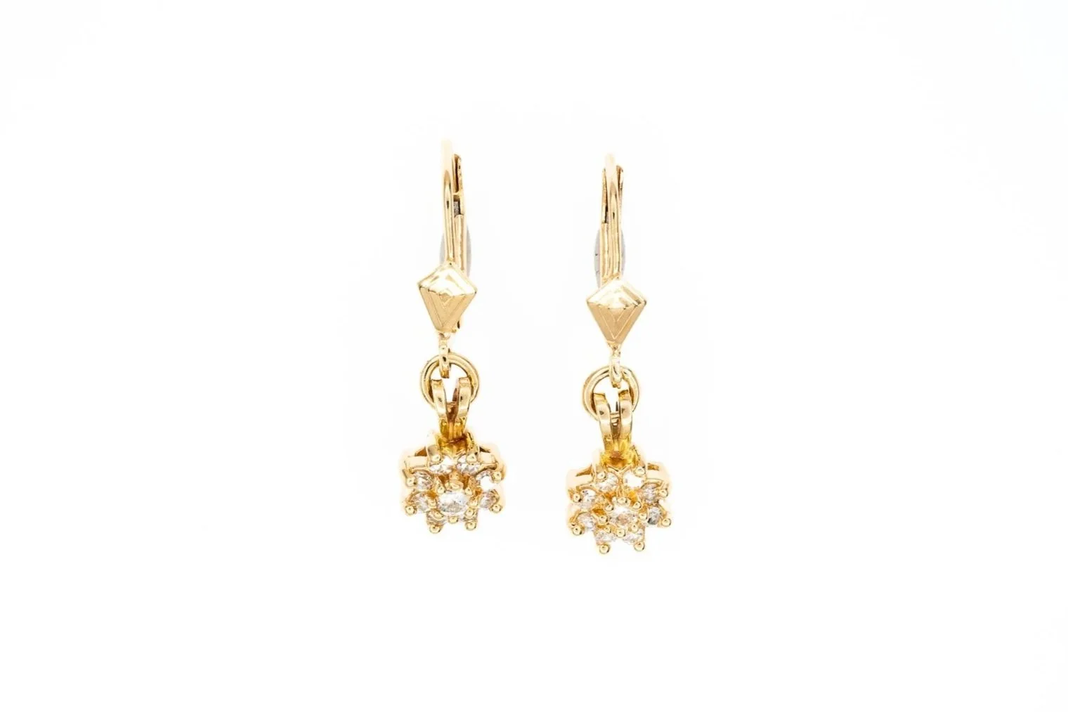 (T)Yellow Gold Diamond Drop Dangle Lever Back Cluster Earrings