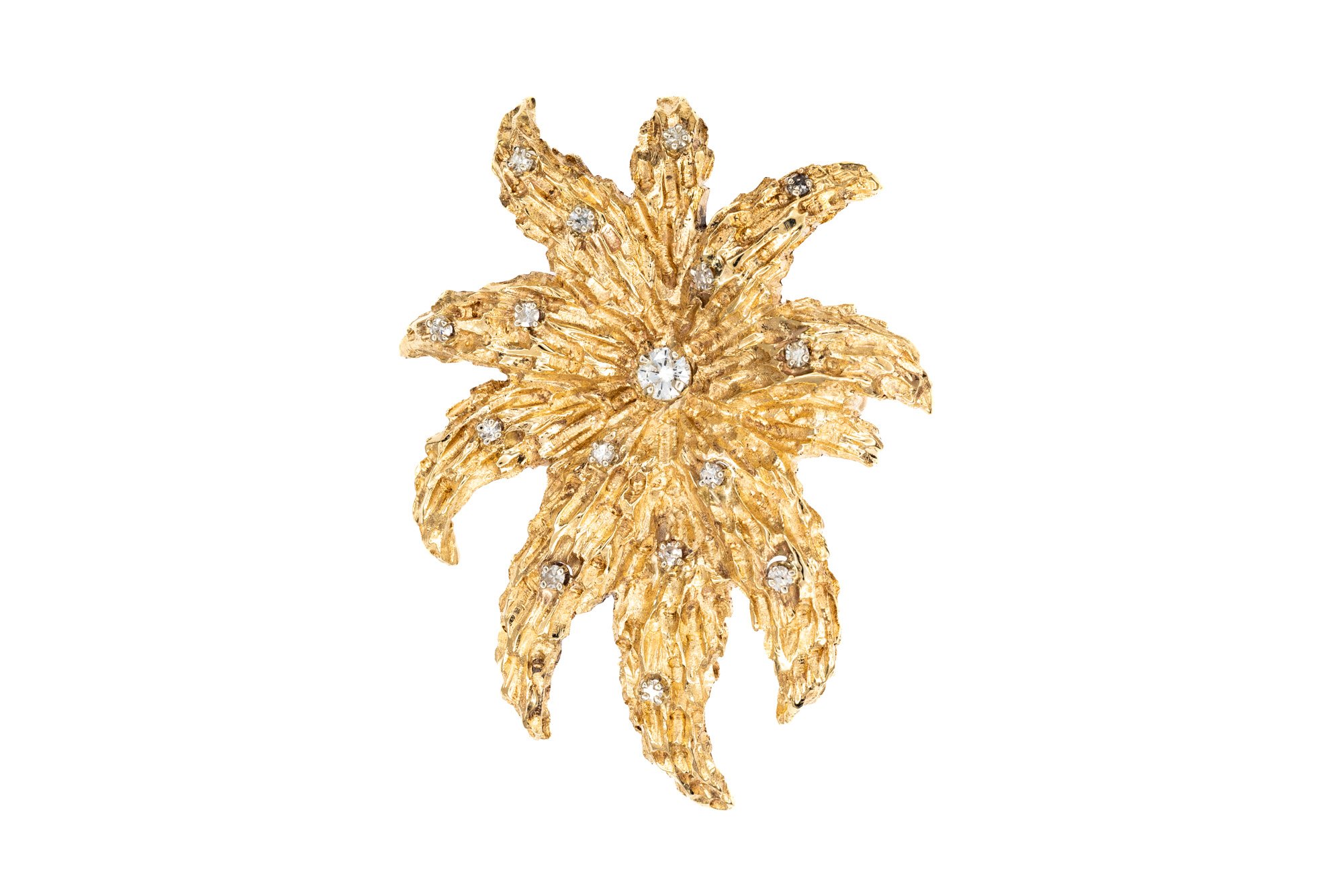 (T)Yellow Gold Diamond Organic Floral Carved Brooch