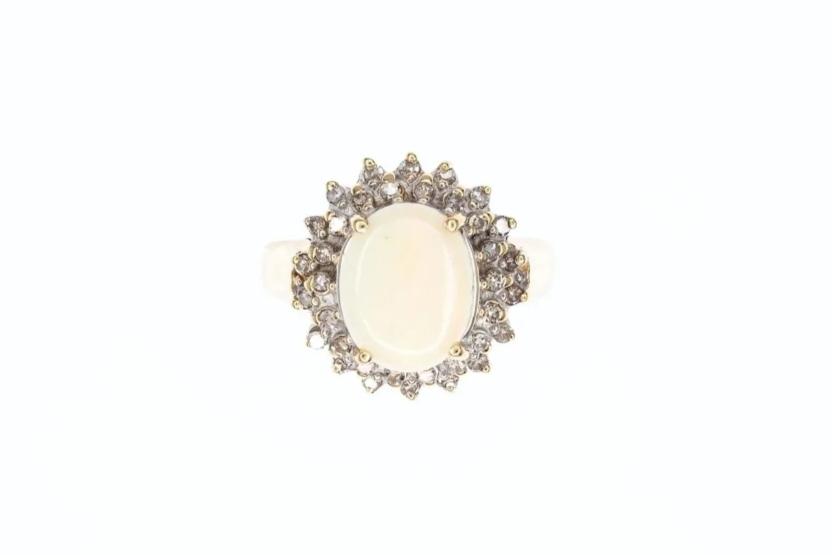 (T)Yellow Gold Diamond White Opal Gemstone Ring