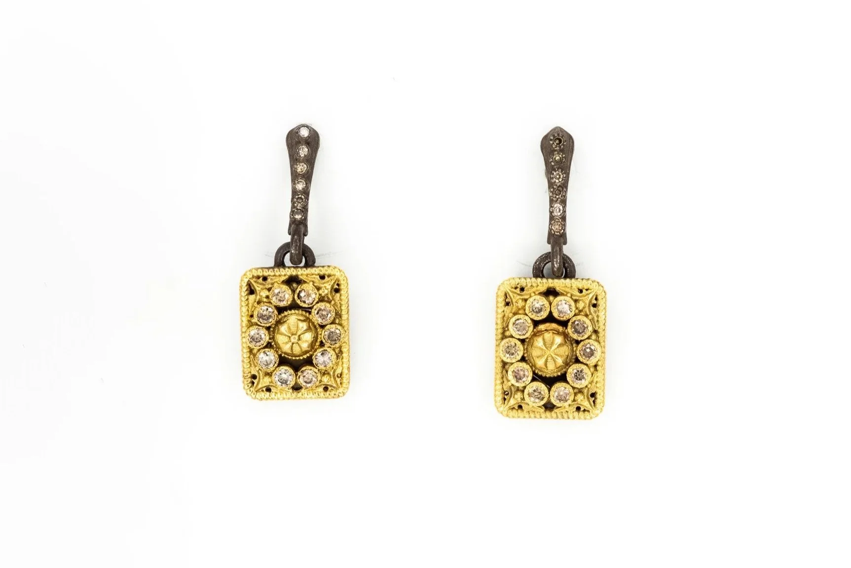(T)Yellow Gold Antique Sterling Silver Round Brilliant Cut Diamond Drop Dangle Earrings