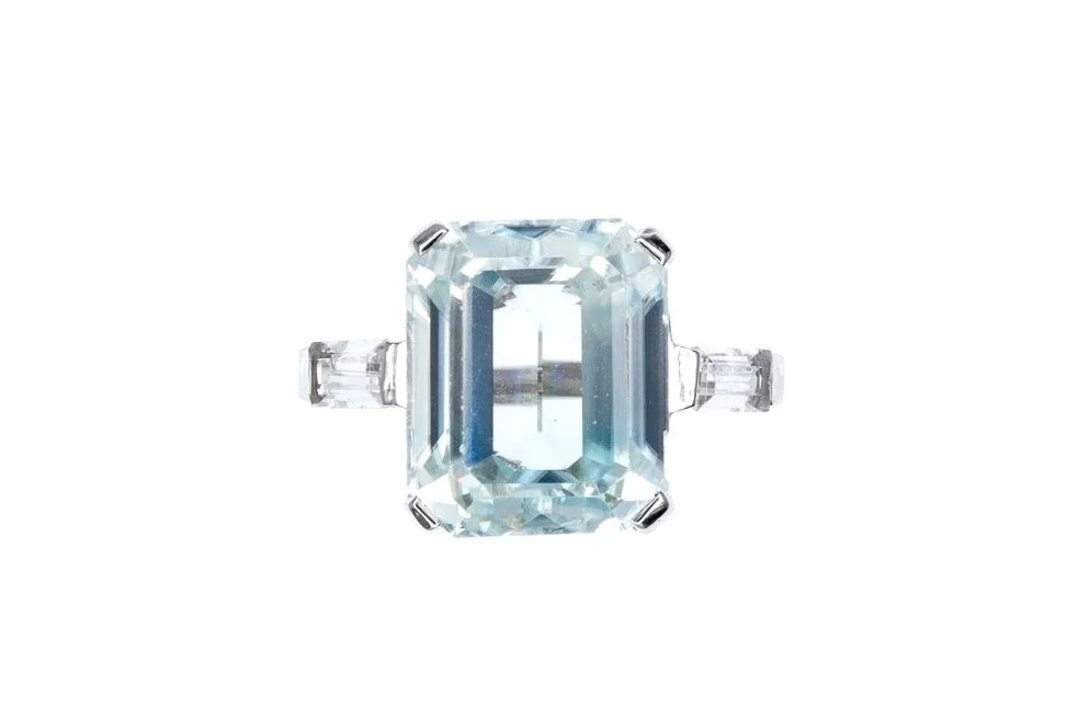 (T)White Gold White Blue Zircon Three-Stone Gemstone Ring