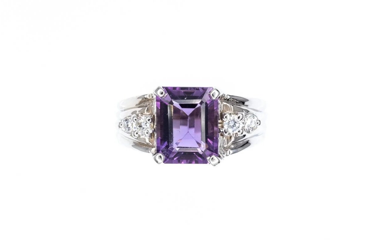 (T)White Gold Cubic Zirconia Amethyst Gemstone Ring