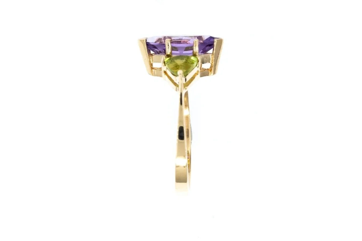(S)Yellow Gold Peridot Amethyst Three Stone Gemstone Ring