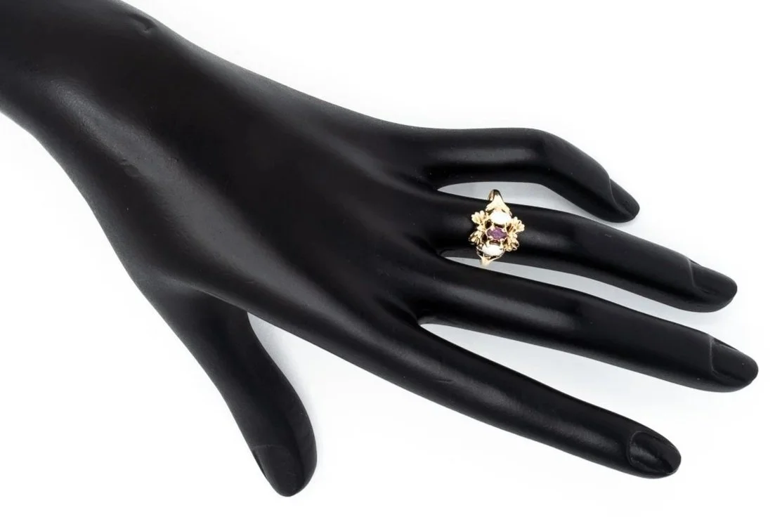 (H)Yellow Gold Pink Sapphire White Opal Cluster Gemstone Ring