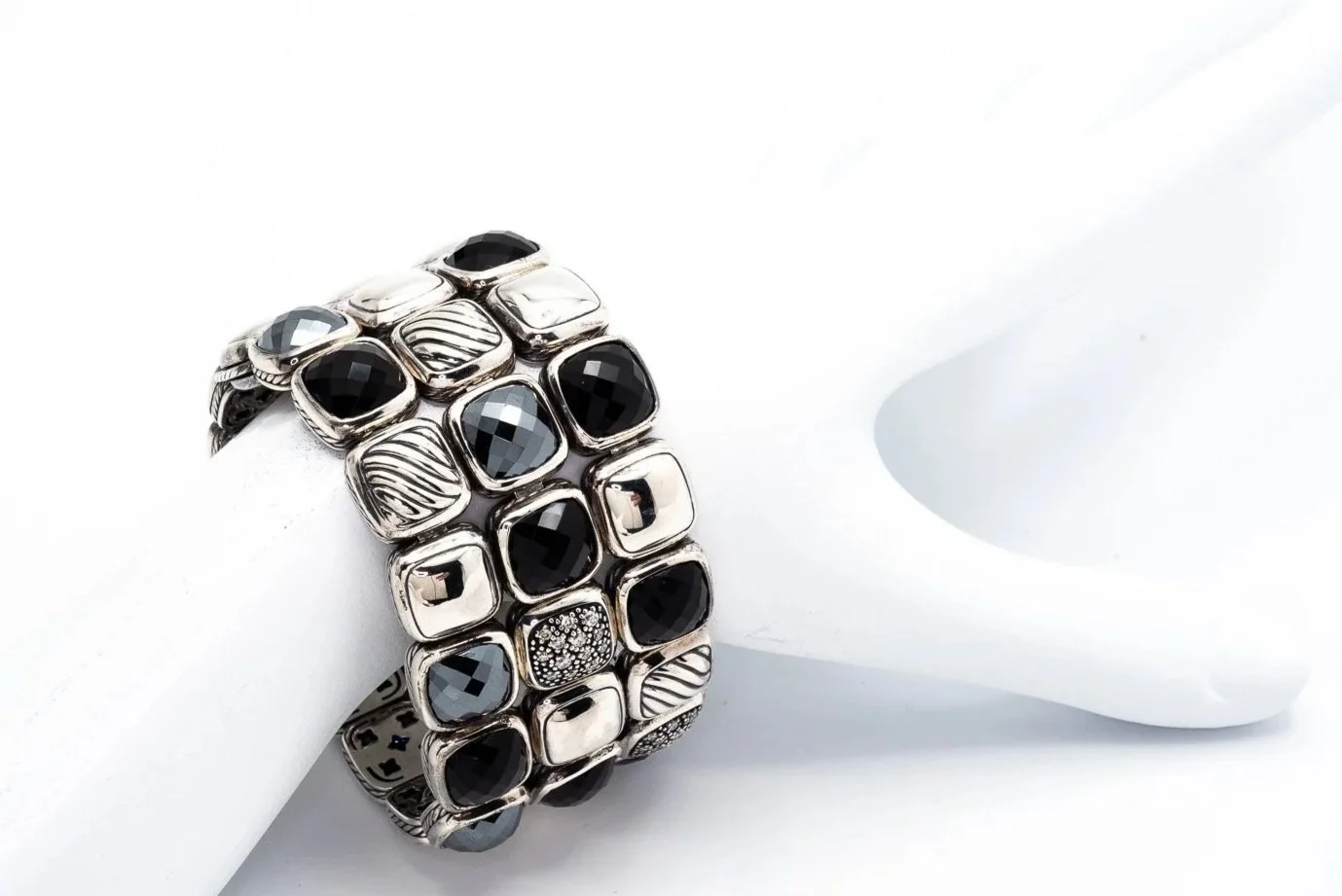 (W)Sterling Silver Hematite Onyx Diamond David Yurman Bracelet