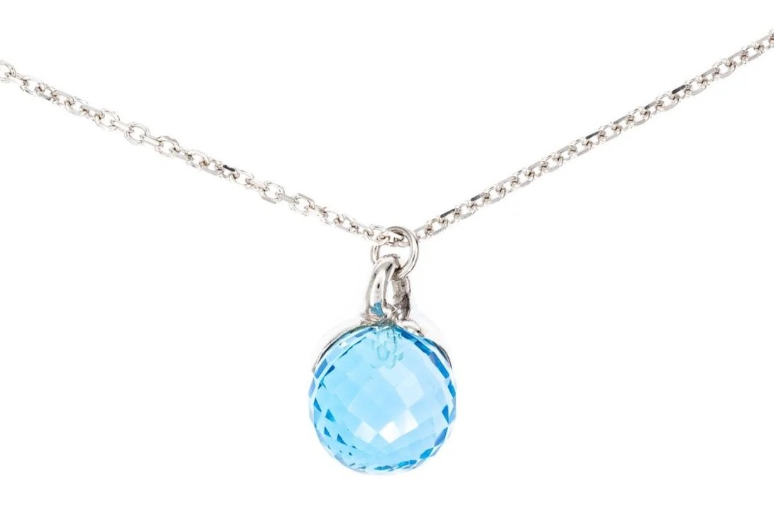 (T)White Gold Solitaire Briolette Faceted Blue Topaz Bead Drop Pendant