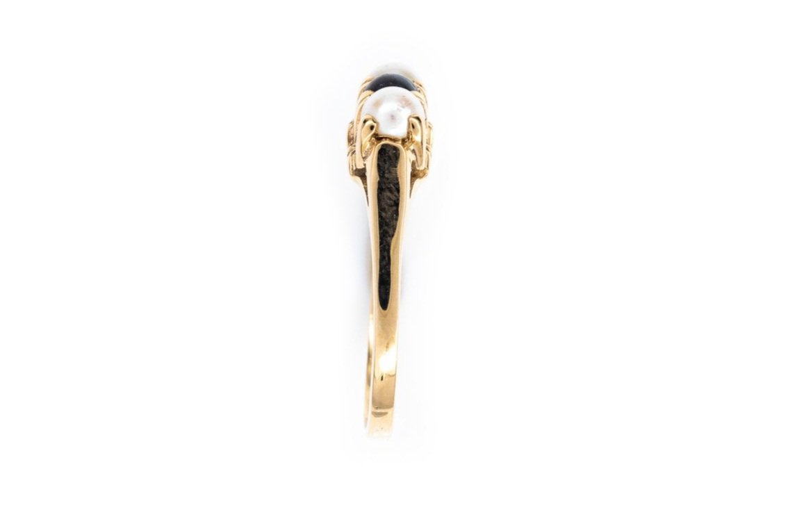 (S)Yellow Gold Hematite Bead Akoya Cultured Pearl Gemstone Ring