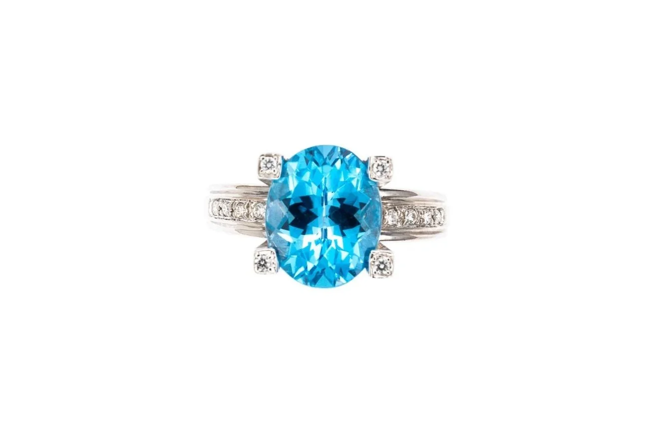 (T)White Gold Diamond Blue Topaz Gemstone Ring