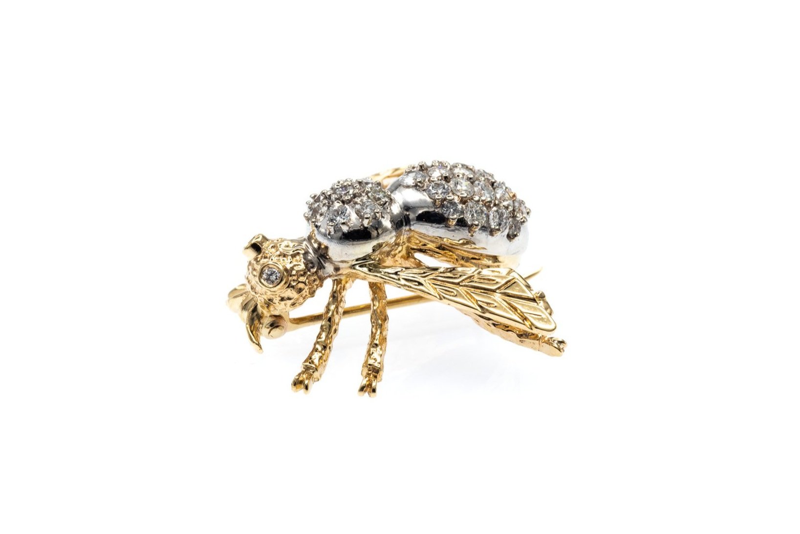 (F)White Yellow Gold Round Brilliant Cut Diamond Bee Brooch